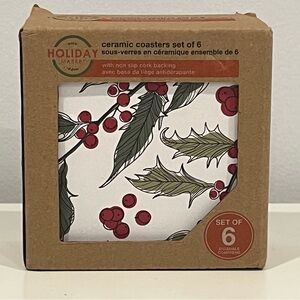 NEW 6PC Holiday Coasters - Holly and Berries Christmas Ceramic with Cork Backing